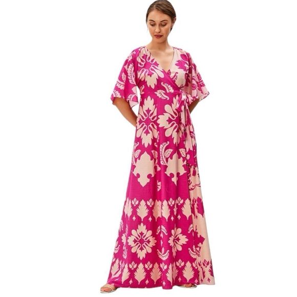 eShakti WAYWARD FANCIES Floral Tile Print Cotton Voile Wrap Dress - Picture 2 of 13